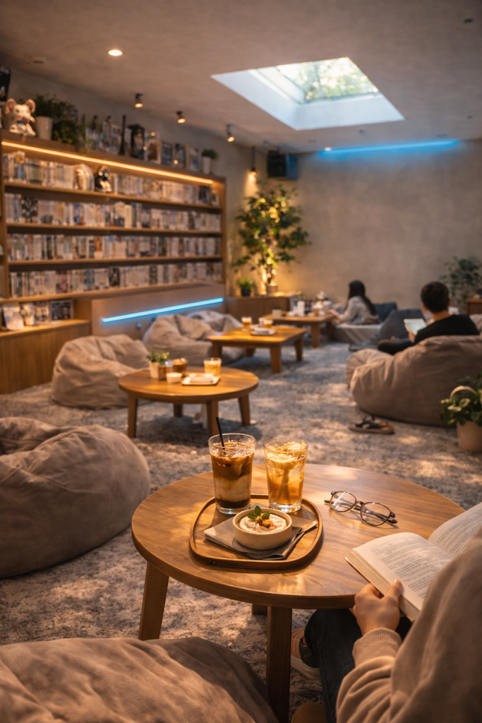 anime inspired chill cafe interior with cozy seating