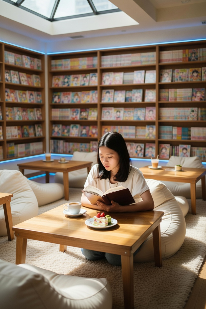 anime inspired chill cafe interior with cozy seating grok